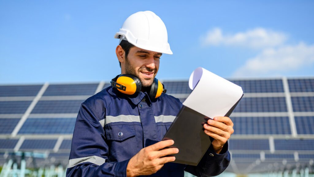 Trabajador en primer plano revisando planilla en el fondo se ven paneles solares y un cielo azul